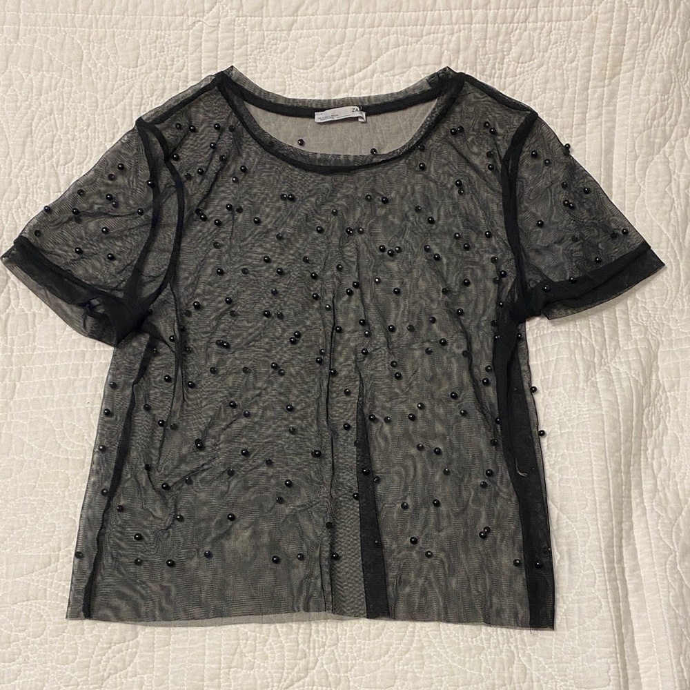 Zara Black Mesh Beaded Top